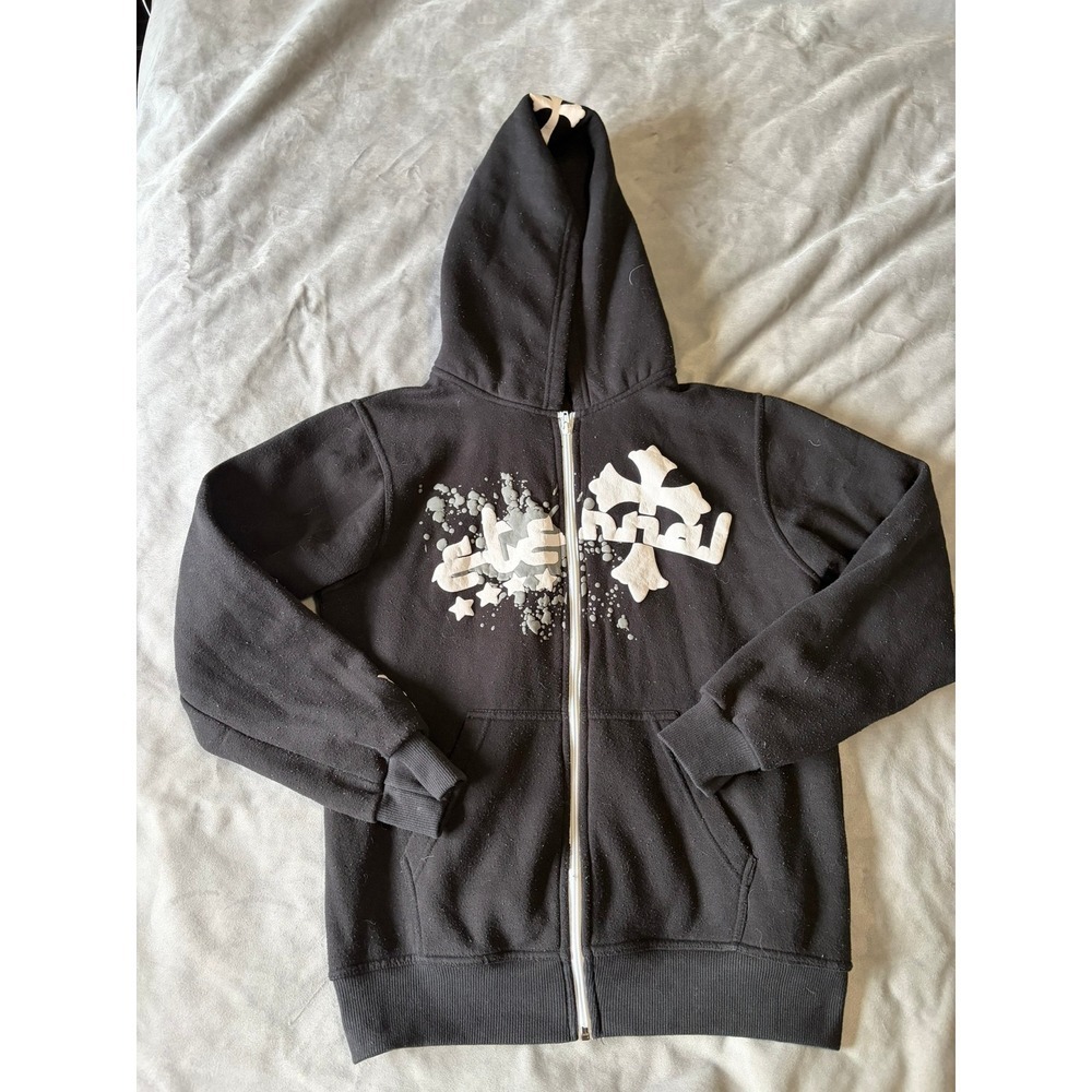 Eternal Streetwear Cross Star Puff Print Zip Up Hoodie Black Mens Medium